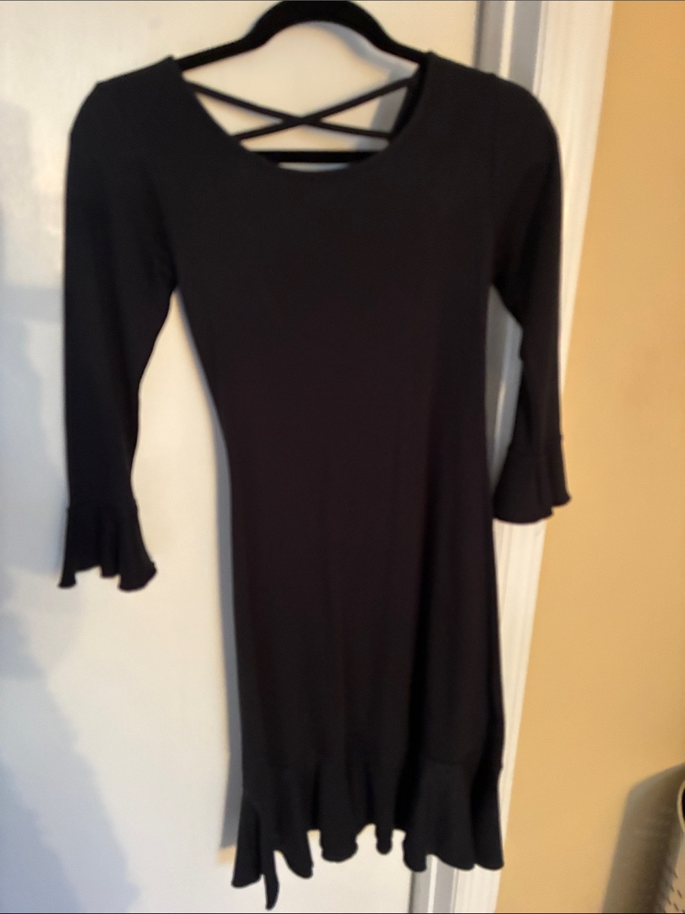 Black Ruffle-Hem Women's Dress with Crisscross Back